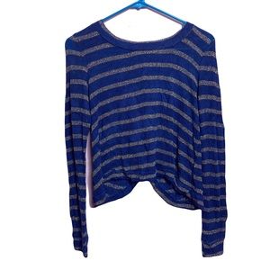 Blue Gold Glitter Cropped Striped Top Size Medium Long Sleeve